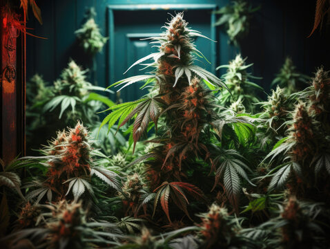 hemp cultivation scene. cannabis plant begins its flowering The image illustrates the legal cultivation of marijuana for medicinal use within a home setting,  indica and CBD.