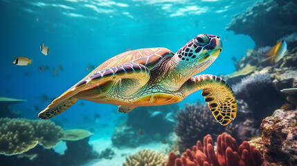Obraz na płótnie Canvas sea turtle coral leaf