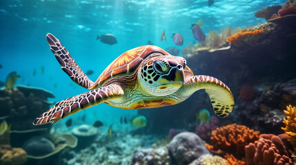 Obraz premium sea turtle coral leaf