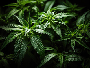An overhead view reveals a green background of growing cannabis indica, with prominent marijuana leaves and vegetation plants, illustrating the cultivation of cannabis, particularly for CBD.