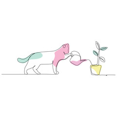 Continuous One line cat and tree drawing outline vector art illustration
