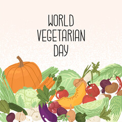 Banner concept for celebrating World Vegetarian Day. A holiday for people who give up meat. Autumn harvest. Isolated on white background vector illustration in flat style.