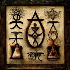 ideograms sigils victorian 3d realistic ayahuasca mysterious symbols surrealism  - obrazy, fototapety, plakaty