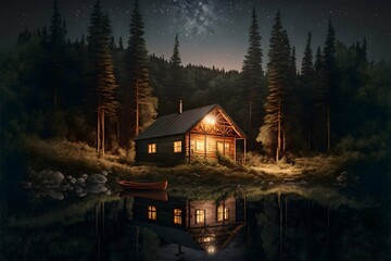 wooden cabin in the woods under a starry night cozy cabin with the lights turned on summer time lots of fir flies and trees near a lake Scene Nightography Depth Dark Lighting Starlight Shadows Field  - obrazy, fototapety, plakaty