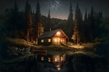 Foto op Canvas wooden cabin in the woods under a starry night cozy cabin with the lights turned on summer time lots of fir flies and trees near a lake Scene Nightography Depth Dark Lighting Starlight Shadows Field  © Aaron