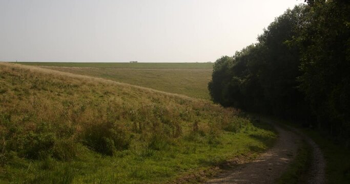 Carsington water dam Trail path, following the forest tree line with dam in background