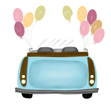 blue vintage wedding car with balloom