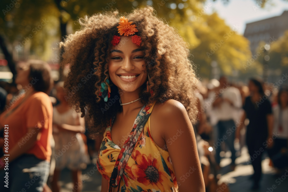 Wall mural Woman wearing flower in her hair. Can be used for fashion, beauty, or nature-themed designs.