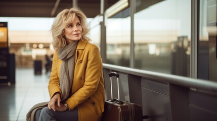 Mature blonde woman at the airport, gracefully settled in the lounge with her luggage, patiently awaiting her boarding call. With her plane ticket in hand, she looks forward to her next adventure. - obrazy, fototapety, plakaty