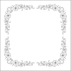 Black and white vegetal ornamental frame with nasturtium flowers, decorative border, corners for greeting cards, banners, business cards, invitations, menus. Isolated vector illustration.