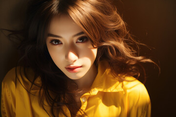 Naklejka premium Woman wearing yellow shirt strikes pose for photograph. This image can be used for various purposes.