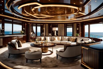 A luxurious yacht interior, complete with a grand salon, a gourmet kitchen, and ocean views.