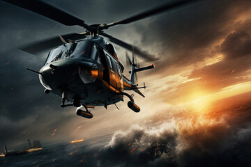 Action shot with helicopter hovering in the air. Dynamic scene in action movie blockbuster style.