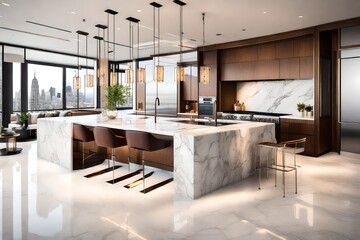 A penthouse kitchen with a marble waterfall island, pendant lights, and a wine fridge. - obrazy, fototapety, plakaty
