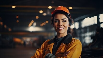 Confident Latin professional, working tirelessly in heavy industry, dons a protective uniform and hard hat, with a vast industrial facility as her backdrop.
 - obrazy, fototapety, plakaty