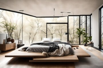 A modern bedroom with a floating platform bed, geometric wall art, and a wall of windows letting in natural light.