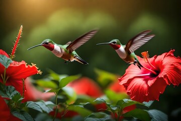 Fototapeta premium A close-up of a hummingbird hovering next to a vibrant red hibiscus flower.