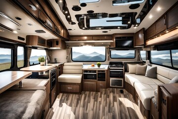 A luxury motorhome interior with a gourmet kitchen, a lounge, and panoramic windows.