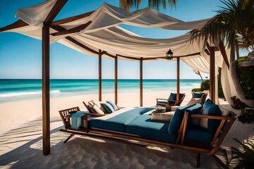 A luxurious private beach cabana with a canopy bed, lounge chairs, and oceanfront views.