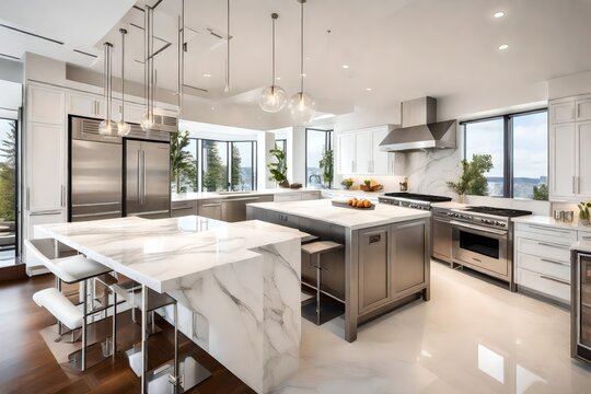 A sleek and spacious kitchen with marble countertops and state-of-the-art stainless steel appliances.