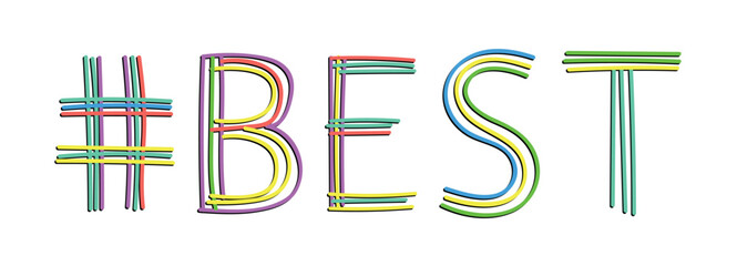 BEST Hashtag. Isolate neon doodle lettering text, multi-colored curved neon lines, like felt-tip pen, pensil. Hashtag #BEST for banner, t-shirts, mobile apps, typography, web resources