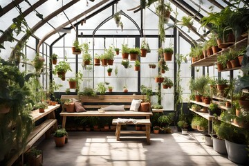 A greenhouse with hanging plants and a wooden bench for relaxation.