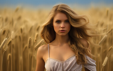 Fototapeta premium Blonde woman in wheat field in the sunset 