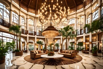 Fototapeta na wymiar A tropical resort lobby with palm trees and a grand chandelier.