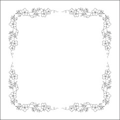 Black and white vegetal ornamental frame with baby blue eyes flowers, decorative border, corners for greeting cards, banners, business cards, invitations, menus. Isolated vector illustration.