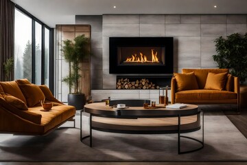 Depict the contemporary fireplace as the focal point of the living room.