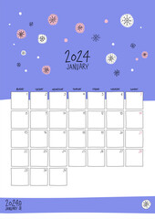 January 2024 wall calendar. Colorful sketch style. Printable A4 portrait template.