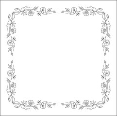 Black and white vegetal ornamental frame with field flowers, decorative border, corners for greeting cards, banners, business cards, invitations, menus. Isolated vector illustration.	
