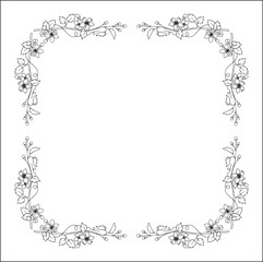 Black and white vegetal ornamental frame with fruit trees blossom, decorative border, corners for greeting cards, banners, business cards, invitations, menus. Isolated vector illustration.