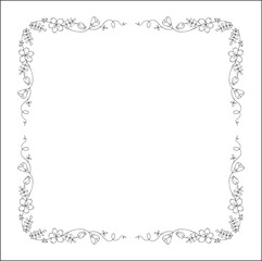 Black and white vegetal ornamental frame with baby blue eyes flowers, decorative border, corners for greeting cards, banners, business cards, invitations, menus. Isolated vector illustration.