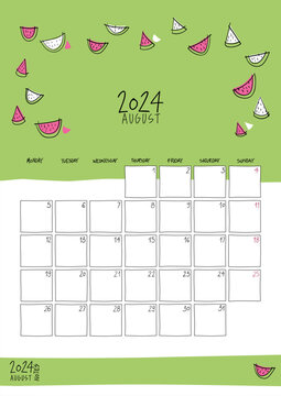 August 2024 wall calendar. Colorful sketch style. Printable A4 portrait template.