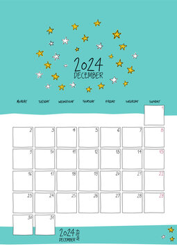 December 2024 wall calendar. Colorful sketch style. Printable A4 portrait template.