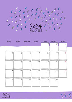 November 2024 wall calendar. Colorful sketch style. A4 portrait template.