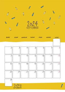 September 2024 wall calendar. Colorful sketch style. Printable A4 portrait template.