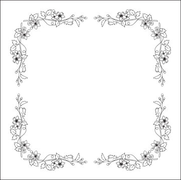 Black and white vegetal ornamental frame with fruit trees blossom, decorative border, corners for greeting cards, banners, business cards, invitations, menus. Isolated vector illustration.