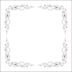 Black and white vegetal ornamental frame with pumpkins and nasturtium flowers, decorative border, corners for Halloween party. Isolated vector illustration.