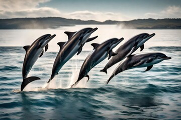 A pod of dolphins leaping gracefully out of the water in unison. - obrazy, fototapety, plakaty