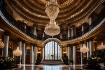 Describe the grand foyer with a double-height ceiling and a stunning chandelier.
