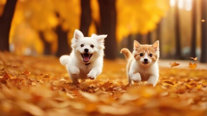 Funny happy cute dog and cat running, smiling in the leaves. Golden autumn fall background