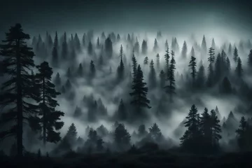Photo sur Plexiglas Forêt dans le brouillard A dense fog rolling through a dense pine forest, creating an eerie atmosphere.