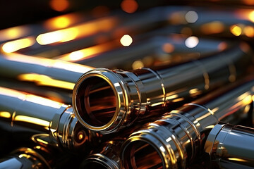 Naklejka premium Abstract chrome pipes composition. Industry themed background with shiny metallic connected pipes.