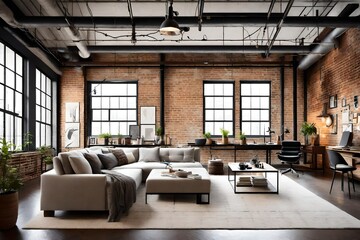 A chic urban loft with  brick walls, modern art, and industrial-style furniture.