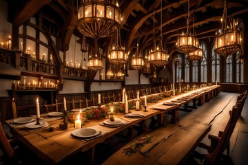 Fototapeta na wymiar A medieval-style dining hall with a long wooden table and candlelit chandeliers.