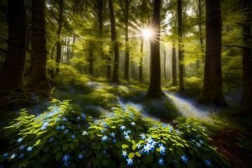 Fototapeta premium A sunbeam filtering through a dense forest canopy, illuminating a cluster of forget-me-nots.