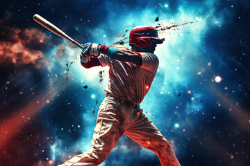 Photo of a baseball player swinging a bat against a stunning galaxy backdrop