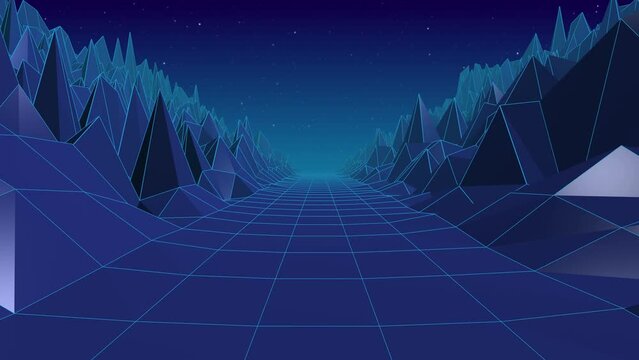 Arctic night landscape made of blue crystal shapes in retro futuristic style , 4k , 60fps
